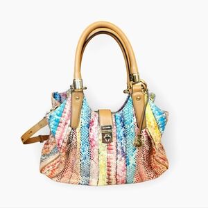 Brahmin Elisa Leather Satchel Bag Snake Print Rainbow Beige Long Strap Charm